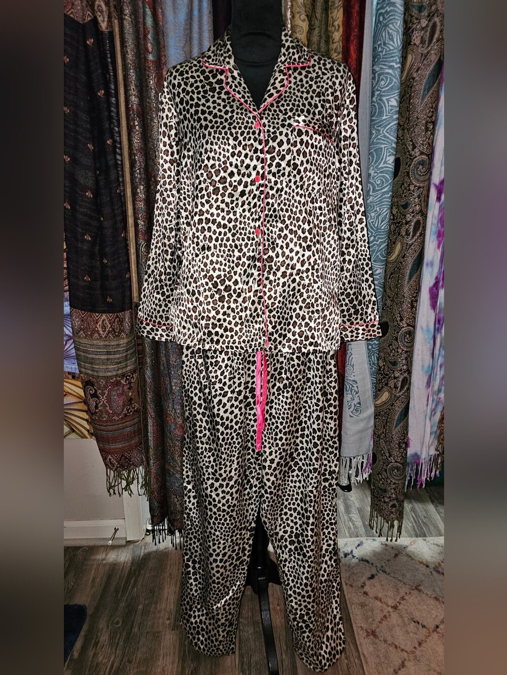 Kathryn Leopard Print Small Satin Pajama Set with Pink Trim